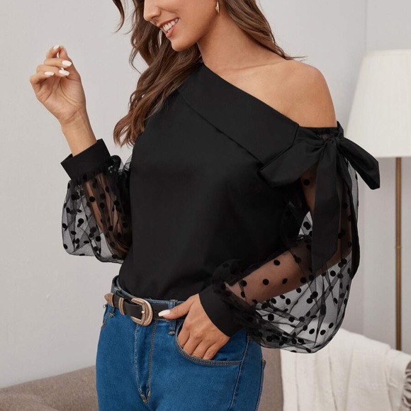 BellanBlue Tops - Classic Black One Shoulder Polka Dot Sheer Sleeve Blouse